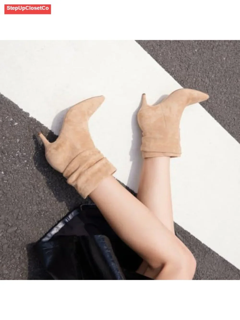 Slouch Ankle Boots Pointed Toe Mid Heel Dress Booties Suede Microfiber Slip-On